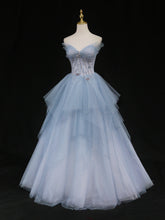 Elegant Blue Tulle Long Prom Gown Sweetheart Neck Formal Dress
