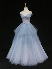 Elegant Blue Tulle Long Prom Gown Sweetheart Neck Formal Dress