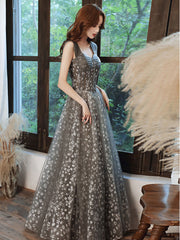 Elegant Gray A-Line Tulle Beaded Floor-Length Prom Dress with Lace-Up Back