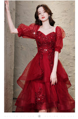 Elegant Burgundy High-Low Tulle Lace Prom Dress with Built-In Bra