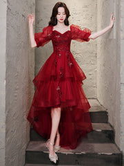 Elegant Burgundy High-Low Tulle Lace Prom Dress with Built-In Bra