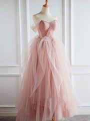 Pink Sweetheart Neck Tulle Long Prom Dress For Sweet 16