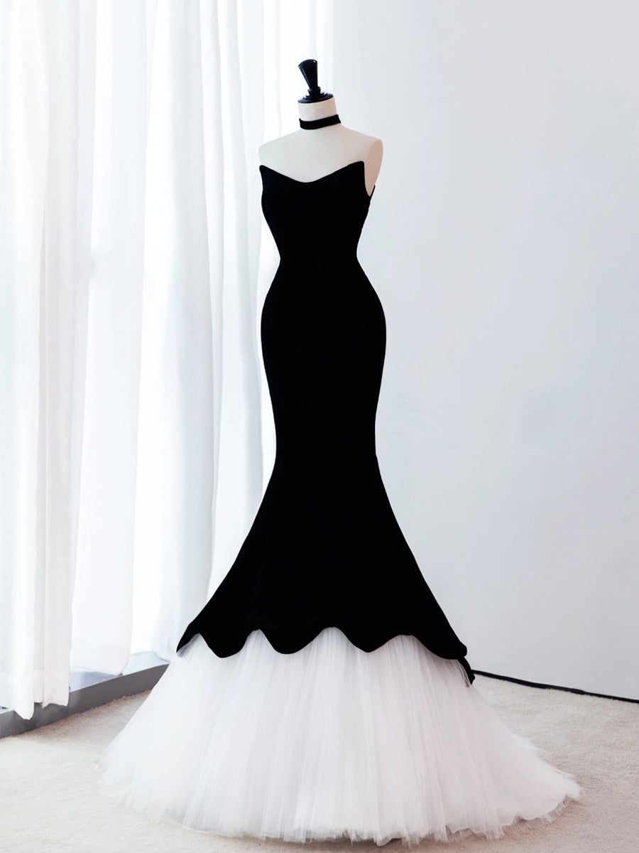 Elegant Black White Velvet Mermaid Long Prom Evening Dress