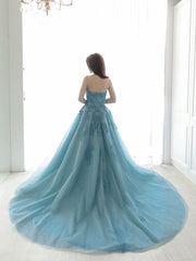 Elegant Blue Sweetheart Neck Tulle Lace Floor-Length Prom Dress