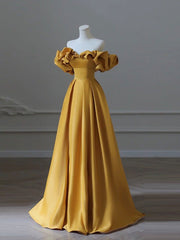 Stunning Satin Yellow Aline Prom Dress For Formal Events And Parties