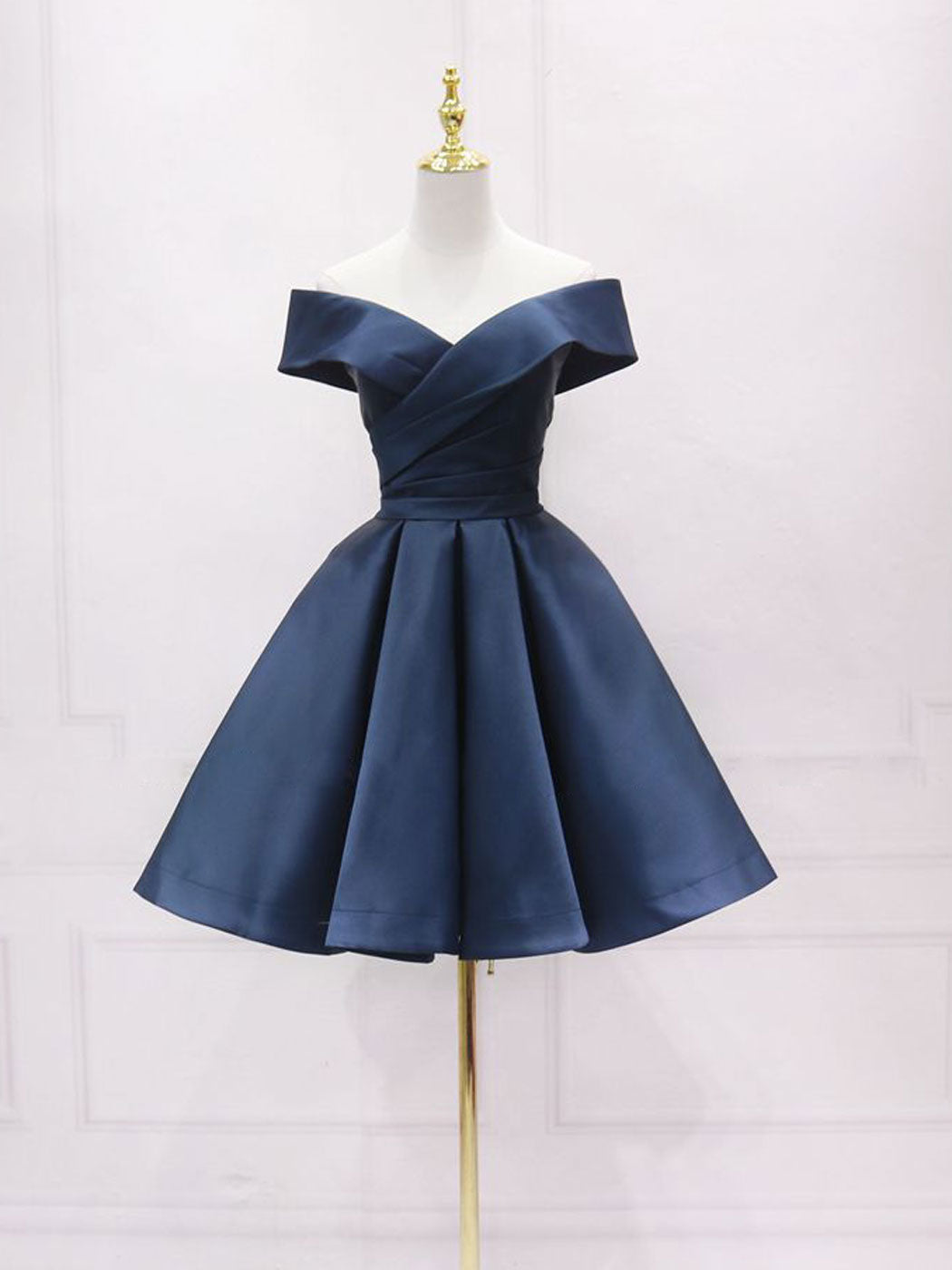 Simple Off Shoulder Satin Dark Blue Short Prom Dress