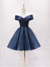 Simple Off Shoulder Satin Dark Blue Short Prom Dress