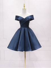 Simple Off Shoulder Satin Dark Blue Short Prom Dress