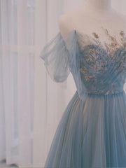 Gray Blue Long Tulle Prom Dress with Sequin and Lace Details