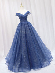 Dark Blue A-Line Off Shoulder Long Prom Dress Shiny Tulle