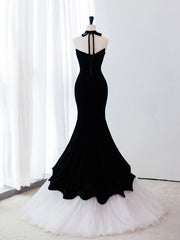 Elegant Black White Velvet Mermaid Long Prom Evening Dress