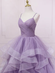 Elegant Purple V‑Neck Tulle Sequin Floor‑Length Prom Dress
