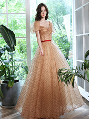 Elegant A-Line Sweetheart Tulle Prom Dress in Champagne Sparkle Floor-Length