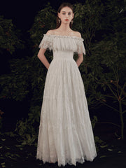 Elegant Ivory Lace Floor-Length Prom Dress with Off-The-Shoulder Silhouette A-Line Built-In Bra