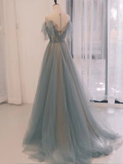 Gray Blue Long Tulle Prom Dress with Sequin and Lace Details