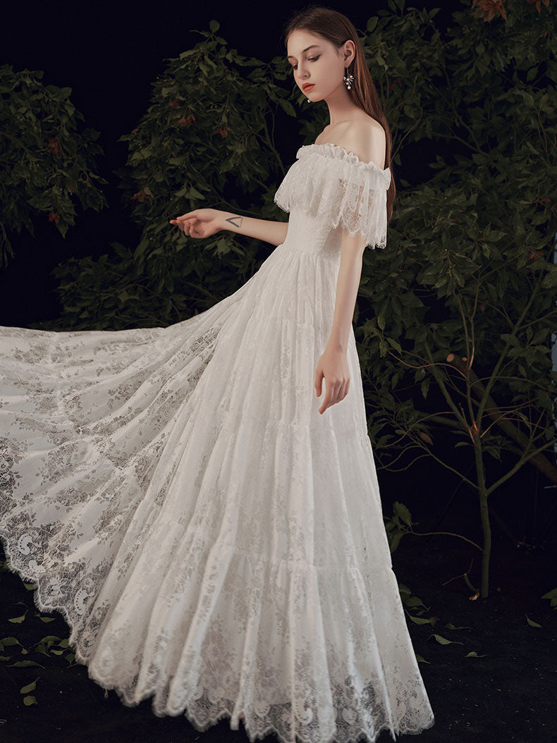 Elegant Ivory Lace Floor-Length Prom Dress with Off-The-Shoulder Silhouette A-Line Built-In Bra