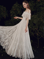 Elegant Ivory Lace Floor-Length Prom Dress with Off-The-Shoulder Silhouette A-Line Built-In Bra