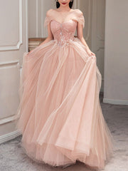 Pink Sweetheart Neck Tulle Long Prom Dress For Sweet 16