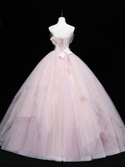 Pink Tulle Lace Applique Long Prom Dress Sweet Sixteen Pink Gown