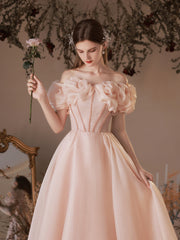 Elegant Pink Tulle Off-Shoulder Tea-Length Prom Dress with Lace Up Back