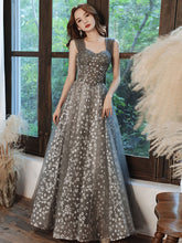 Elegant Gray A-Line Tulle Beaded Floor-Length Prom Dress with Lace-Up Back