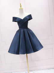 Simple Off Shoulder Satin Dark Blue Short Prom Dress