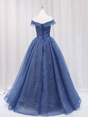 Dark Blue A-Line Off Shoulder Long Prom Dress Shiny Tulle