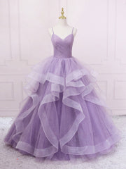 Elegant Purple V‑Neck Tulle Sequin Floor‑Length Prom Dress