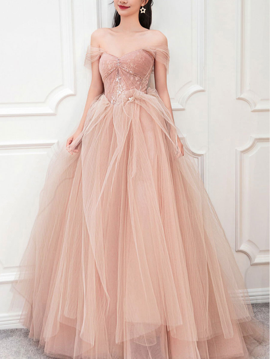 Pink Sweetheart Neck Tulle Long Prom Dress For Sweet 16