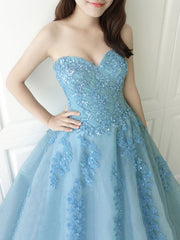 Elegant Blue Sweetheart Neck Tulle Lace Floor-Length Prom Dress