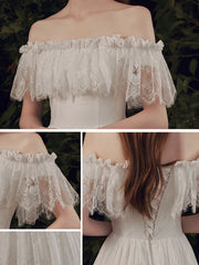 Elegant Ivory Lace Floor-Length Prom Dress with Off-The-Shoulder Silhouette A-Line Built-In Bra