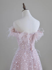 Off Shoulder Feather Pink Glitter Prom Dress - DollyGown