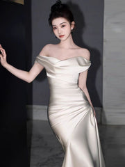 Off The Shoulder Fit and Flare Pure Silk Wedding Dress with Court Train