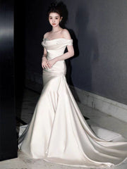 Off The Shoulder Fit and Flare Pure Silk Wedding Dress with Court Train