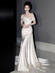 Off The Shoulder Fit and Flare Pure Silk Wedding Dress with Court Train