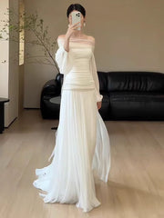Off The Shoulder Pleated 100% Silk Chiffon Wedding Dress with Long Bubble Sleeves