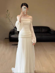 Off The Shoulder Pleated 100% Silk Chiffon Wedding Dress with Long Bubble Sleeves