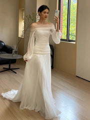 Off The Shoulder Pleated 100% Silk Chiffon Wedding Dress with Long Bubble Sleeves