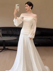 Off The Shoulder Pleated 100% Silk Chiffon Wedding Dress with Long Bubble Sleeves