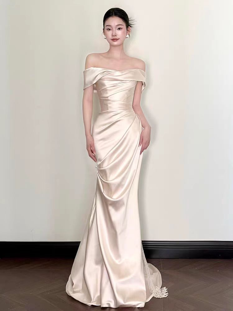 Simple Off the Shoulder Asymmetrical Silk Satin Wedding Dress
