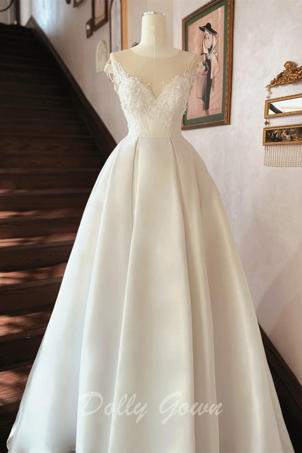 Open Back Illusion Neck Satin Bridal Wedding Dress - DollyGown