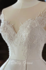 Open Back Illusion Neck Satin Bridal Wedding Dress - DollyGown