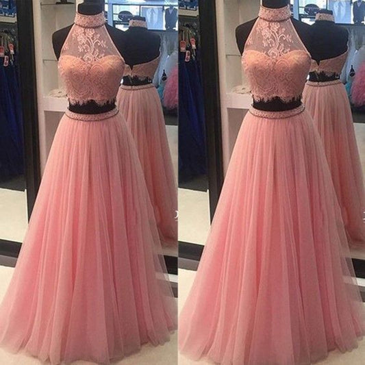 Peach Pink Halter Lace Top Two Piece Long Tulle Prom Dress - DollyGown
