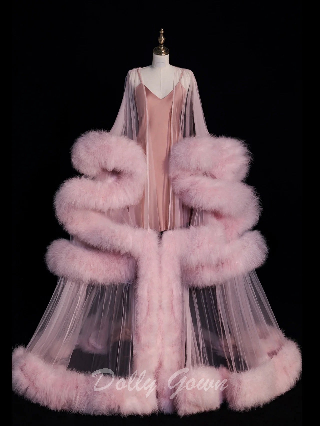Pink Long Marabou Fur Edge Robe with Slip Dress - DollyGown