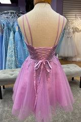 Pink Plunge V neck Tulle Homecoming Dress - DollyGown