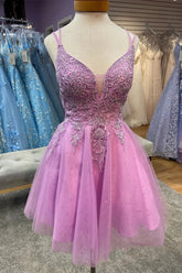 Pink Plunge V neck Tulle Homecoming Dress - DollyGown