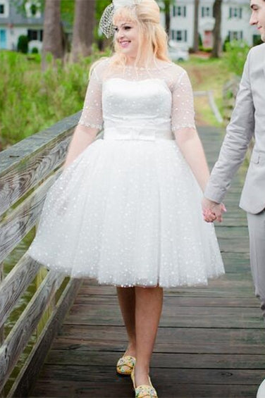 Pinup Swiss Dot Short Wedding Dress with 3/4 Sleeves - DollyGown