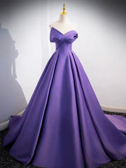 A-Line Twist-Front off Shoulder Satin Purple Ball Gown Prom Dress - DollyGown