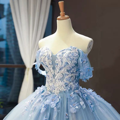 Romantic Blue Off the Shoulder Tulle Lace Appliques Ball Gown for Prom 20081621