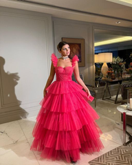 Pink Tulle Prom Dresses Long Evening Gowns For Women